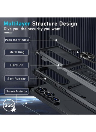 Samsung Galaxy S26 Ultra Case with HD Tempered Glass Screen Protector, غطاء كاميرا الشريحة, مدمج في 360 ° Rotate Ring Kickstand, حماية مقاومة للصدمات, حالة واقية مقاومة للصدمات الثقيلة لسامسونج غالاكسي S26 Ultra 6.9 بوصة (أسود ، حزمة 1 + 1) - view 4